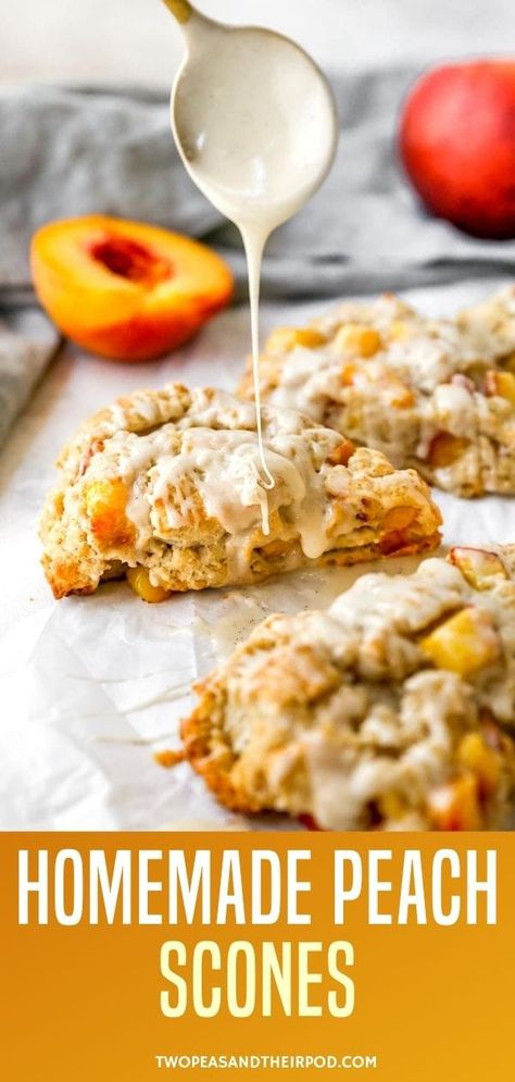 Peach Scones- fluffy, buttery scones dotted with fresh peaches and finished with a sweet honey vanilla glaze. These homemade scones are going to become your new favorite breakfast treat. Peach Cobbler Scones, Peach And Honey Recipes, Baking Recipes Peaches, Nectarine Scones Recipe, Fresh Peach Scones Recipe, Peach Scones Recipe Homemade, Fresh Peach Scones, Sourdough Discard Peach Scones, Peach Pie Scones