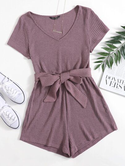 Jumpsuit V Neck, Short Sleeve Jumpsuit, Knit Romper, Traje Casual, Short Sleeve Jumpsuits, Short Sleeve Romper, Knitted Romper, Cute Rompers, Knit Short