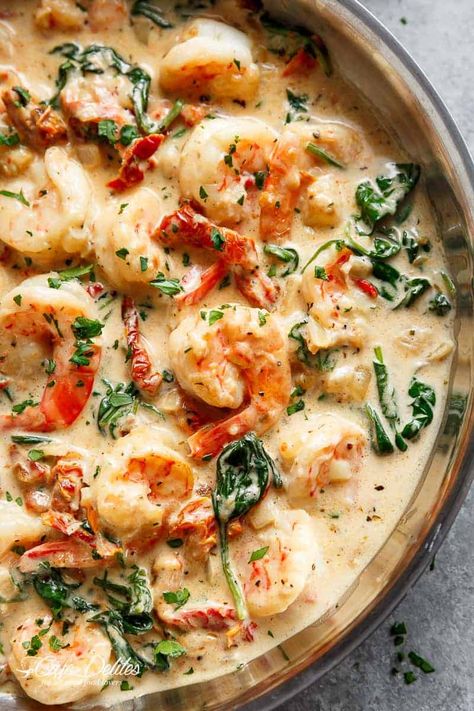 Sun Dried Tomatoes And Spinach, Tuscan Shrimp, Creamy Shrimp, Cafe Delites, Shrimp Dinner, Shrimp Dishes, Sun Dried Tomatoes, Think Food, Creamy Garlic