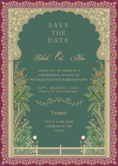 Pichwai Wedding Invitation, Rajasthani Wedding Card, Rajasthani Arch, Deep Green Wedding, Mughal Wedding, Save The Date Indian, Rajasthani Wedding, Invitation Design Ideas, Design Invitation Card