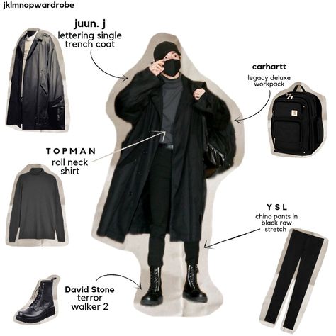 Jungkook | bts | ootd | outfit | airport fashion | black | ysl pants | carhartt workpack | topman roll neck | david stone terror walker 2 | juun. j trench coat | kpop | boy group Jungkook Trench Coat, Jungkook Outfit 2022, Jungkook Style 2022, Jungkook Airport Outfit, Jungkook Airport Fashion 2022, Dark Academia Techwear, Jungkook Style Black, Jungkook Outfit Ideas, Jungkook Core Outfit