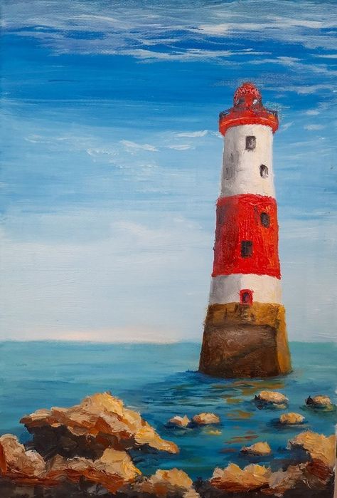 Easy Detailed Paintings, Oil Pastel Famous Art, Lighthouse Oil Pastel, Lighthouse Painting Ideas, Nature Pastel Art, Simple Painting Landscape, Paint With Oil Pastels, Painting Ideas On Canvas Landscapes Easy, Canvas Painting Inspo Aesthetic