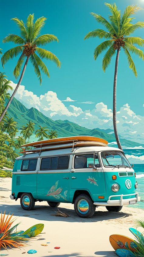 Volkswagen Bus Aesthetic, Volkswagen Id Buzz, Volkswagen Bus Art, Volkswagen Art, Boho Beach House, Volkswagen Minibus, Retro Bus, Bus Art, Fairy House Crafts