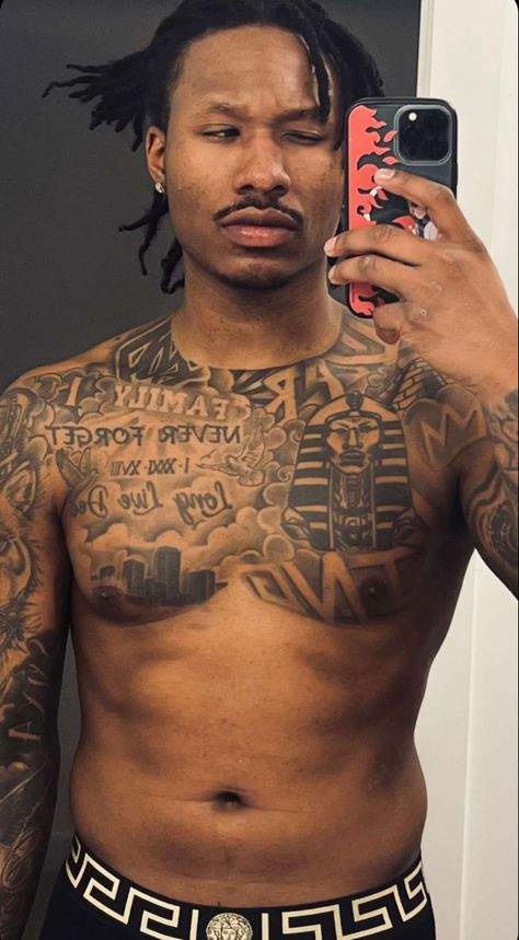 Black Male Chest Tattoos, Chest Piece Tattoos Mens Black, Duke Dennis Tattoo, Male Tattoos Sleeves, Chest Tattoo Black Men, Black Men Chest Tattoos, Chest Shoulder Tattoo Men, Black Guys With Tattoos, Shoulder Tattoo Men Black