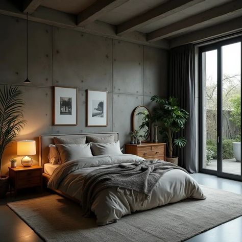 Black bedroom designs with rustic concrete with a touch of natural look. Designed by us... #interiordesign #interiordesignkenya🔥 #instagram Concrete Ceiling Bedroom, Cement Bedroom Interior Design, Concrete Room Aesthetic, Concrete Bedroom Design, Cement Bedroom, Minimalist Industrial Interior Design, Brutalist Bedroom, Industrial Modern Bedroom, Concrete Bedroom