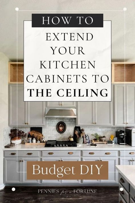 How To Build Up Kitchen Cabinets, Upper Cabinet Space Ideas, Build Cabinets Above Kitchen Cabinets, Cabinets Above Cabinets In Kitchen, Kitchen Cabinets Not To The Ceiling, Add Upper Cabinets To Existing, Diy Kitchen Cabinet Toppers, Build Upper Cabinets To Ceiling, Extra Space Above Kitchen Cabinets