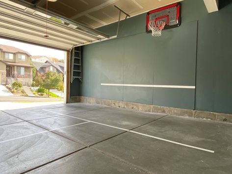 Garage Pickleball Court, Wallpaper In Garage, Pickleball Practice Wall, Diy Pickleball Practice Wall, Diy Pickleball Court, Home Pickleball Court, Target Wallpaper, Projector Screen Diy, Basement Home Office