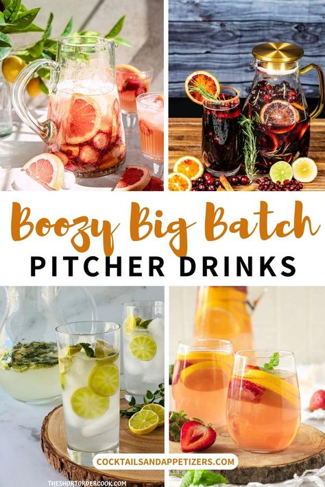 The best big batch cocktail recipes! Pitcher lemon vodka drinks, large batch peach lemonade vodka pitcher recipes, Christmas cocktails and more. Alcoholic drinks to serve in martini glasses, rocks glasses, coupe glasses, highball glasses and large cocktail pitchers. Cocktail recipes for a large crowd. Perfect for summer party drinks and holiday entertaining. Drinks To Serve At A Party, Drink Dispenser Cocktails, Cocktail Jug Recipes, Pitcher Of Cocktails, Housewarming Party Drinks, Fizzy Alcoholic Drinks, Martini Pitcher Recipes, Jug Alcohol Drinks, Cosmopolitan Drink Recipe Pitcher