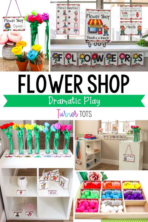 It’s spring - the perfect time for the flower shop dramatic play center to come to life in your classroom! Set up your flower shop center with ease this year and use Turner Tots’ dramatic play printables. Each printable makes it easy to create a realistic flower shop quickly. Looking for more flower shop dramatic play setup tips? Click here to see the setup checklist and ideas! Flower Store Dramatic Play, Flower Shop Prop Box Dramatic Play, Flower Shop Dramatic Play Kindergarten, Kids Gift Shop Displays, Flower Dramatic Play Preschool, Garden Shop Dramatic Play Preschool, Dramatic Play Activities For Preschoolers, Flower Market Dramatic Play, April Dramatic Play Ideas