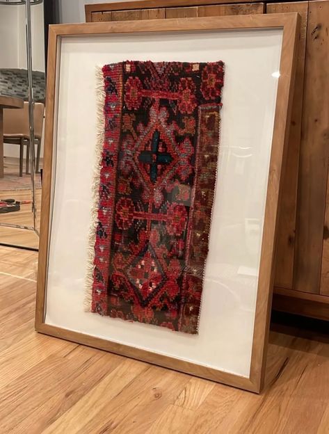 Framed Carpet On Wall, Hanging A Rug On The Wall, Textile Home Decor, How To Hang Tapestry On Wall, Rug On The Wall, Framed Rug, Old Door Decor, How To Install Baseboards, Weaving Diy