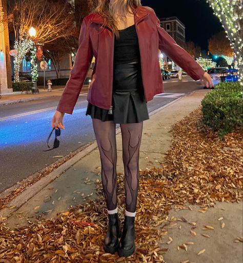 Flame Tights Outfit, Red Dress And Jacket Outfit, Autumn Outfits Red Leather Jacket, Flame Outfit Aesthetic, How To Style A Red Jacket, Fitted Red Leather Jacket, Red And Leather Outfit, Red Era Aesthetic Outfits, Red Dress And Jacket