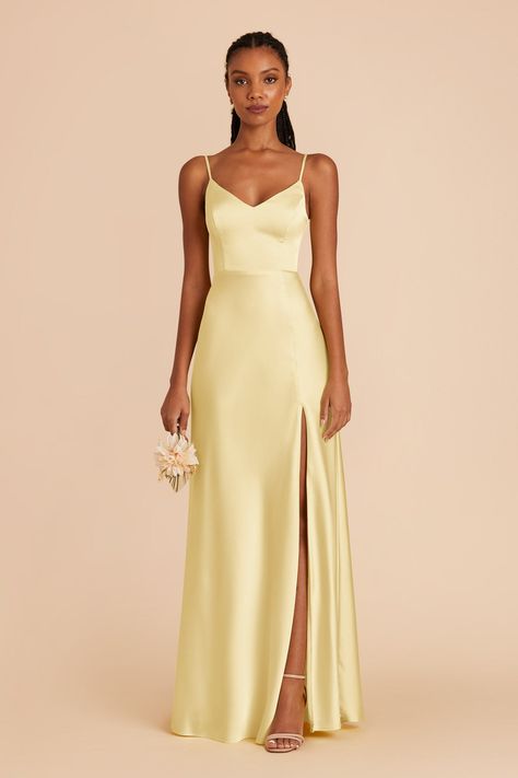 Jay Matte Satin Bridesmaid Dress in Butterscotch | Birdy Grey Pastel Yellow Bridesmaid Dresses, Pale Yellow Bridesmaid Dresses, Lemon Bridesmaid Dresses, Yellow Satin Dress, Pale Yellow Dresses, Silk Yellow Dress, Grey Bridesmaids, Lemon Sorbet, Yellow Bridesmaid Dresses