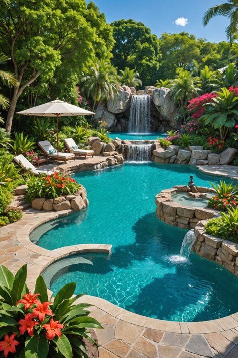 20 Around Pool Tropical Garden Design Ideas - Toolz Geek Garden Design With Swimming Pool, Natural Style Swimming Pool, Pool Outside House, Modern Pool Design With Waterfall, Insane Pools Luxury, Backyard Beach Pool, Indoor Pool Garden, Lush Pool Landscaping, Nature Pool Backyard