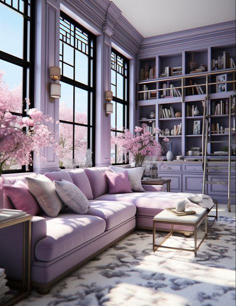 Purple Home Aesthetic, Purple House Interior Ideas, Lavender Dining Room, Lilac Living Room Ideas, Lavender Living Rooms, Purple Library, Purple Apartment, Lavender Office, Lilac Living Room