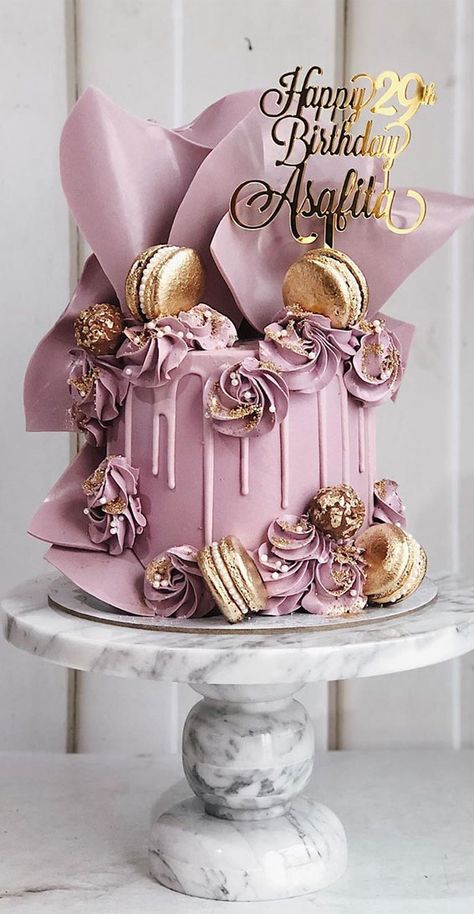 Pretty soft purple birthday cake design We have a pretty soft purple tone birthday cake teamed up with gold macarons and gold cake topper.... Adult Cakes For Women Birthdays, Birthday Cakes For Adults Women, Women's Birthday Cake Ideas, Special Cakes Birthday, Latest Cake Design For Women, Women Cakes Birthday, Birthday Cake Ideas For Girls Kids, Adult Woman Birthday Cake, 25 Birthday Cake For Women