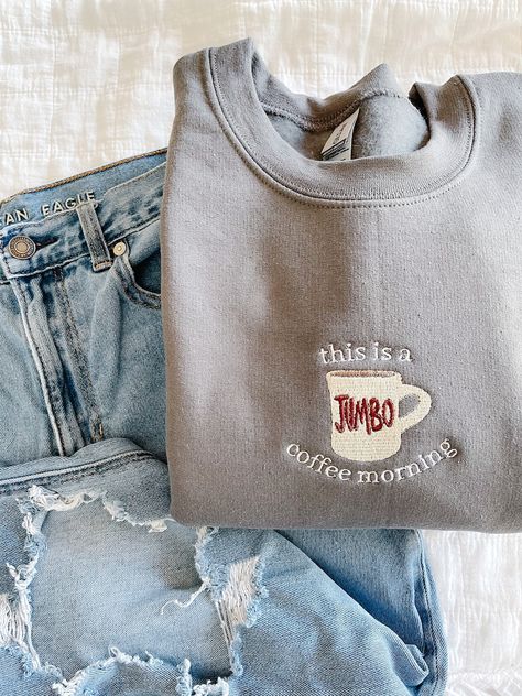 Fall Sweatshirt Ideas, Embroidery Sweatshirt Ideas, Gilmore Girls Sweatshirt, Gilmore Girls Coffee, Folded Clothes, Cute Crewneck, Cozy Accessories, Embroidery Sweater, Lorelai Gilmore