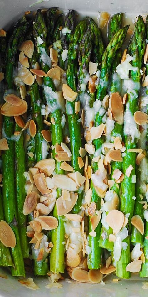 Roasted Asparagus with Almonds and Parmesan in a white casserole dish Oven Baked Asparagus, German Food Recipes, Recipes With Parmesan Cheese, Asparagus Recipes Baked, Asparagus Recipes Roasted, Fermented Cabbage, Baked Asparagus, How To Cook Asparagus, Crispy Onions