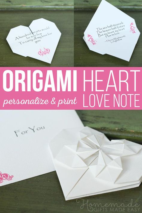 Easy tutorial for how to make origami heart love notes, with detailed step by step photos and a free downloadable template. Hart Origami, Cat Origami, Snowflakes Diy, Origami Hearts, Origami Architecture, Origami Star Box, Origami Step By Step, Origami Wedding, Origami Decoration