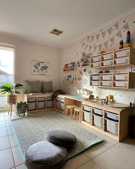 Ikea Kids Room, Kids Rooms Inspo, Cave Basement, Baby Playroom, Boys Playroom, Basement Playroom, Living Room Playroom, Kids Playroom Decor, Toddler Playroom