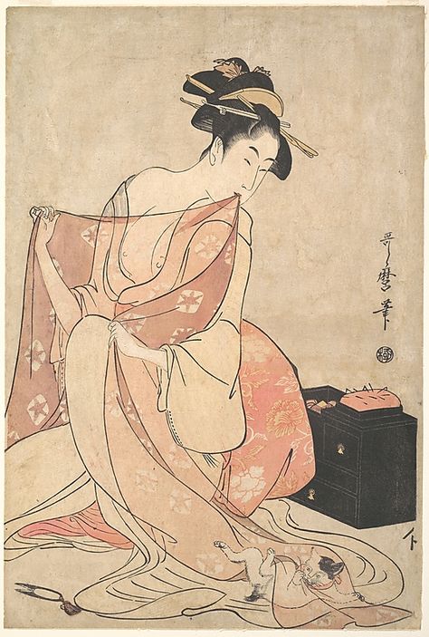 Kitagawa Utamaro (Japanese, 1753–1806). A Woman and a Cat, ca. 1793–94. Edo period (1615–1868), Japan. The Metropolitan Museum of Art, New York. H. O. Havemeyer Collection, Bequest of Mrs. H. O. Havemeyer, 1929 (JP1672) Art Chinois, Japanese Artwork, Art Asiatique, Japanese Geisha, Arte Inspo, Art Japonais, Edo Period, Japanese Woodblock Printing, A4 Poster