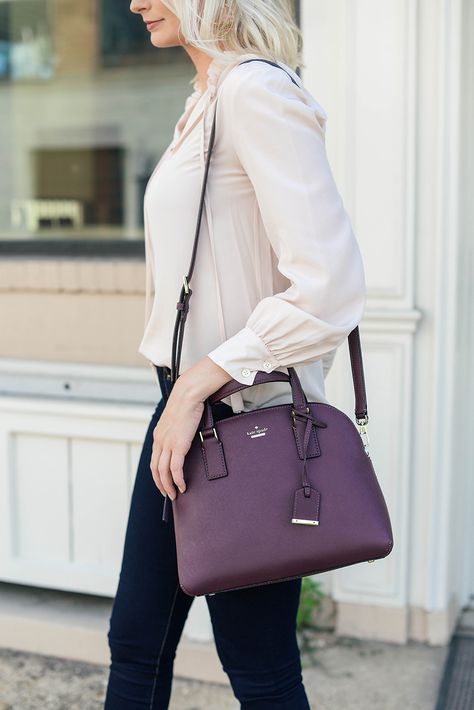 Kate Spade Cameron Street Lottie Bag in Deep Plum Purple Handbags Outfit, Kate Spade Bag Outfit, Classic Purple Bag, Plum Purse Outfit, Purple Purse Outfit, Classic Purple Bag With Top Carry Handle, Purple Bag Outfit, Plum Handbag, Kate Spade Purple Formal Bag