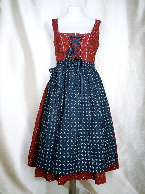 Dreamy Oktoberfest traditional dress dirndl size 36 in wine red with dark blue dirndl apron, traditional dress, Bavarian ladies' costume, Oktoberfest dirndl, Wiesn dirndl, wedding dirndl Beautiful, elegant dirndl, made of red and blue cotton with a beautiful print, with piping, dirndl bodice with cotton lining. Front closure with zipper, dark blue dirndl apron with white floral pattern. The set consists of a dress and apron. Vintage pieces, in excellent condition. The skirt part is folded in a c Blue Dirndl, Dress Dirndl, Wedding Dirndl, Apron Vintage, German Women, Traditional Dress, Dress Clothes For Women, Costumes For Women, Wine Red