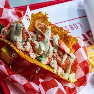 Lobster+tacos Lobster Nachos Recipe, Fried Lobster Tacos, Lobster Tostadas, Lobsters Holding Claws, Lobster Pizza, Lingcod Fish Tacos, Lobster Tacos, Pizza Craft, Fried Lobster