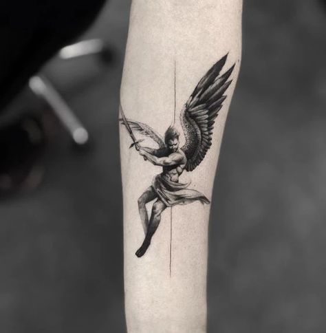 105+ St. Michael Tattoo Ideas To Bring Out Your Inner Warrior Angle Tattoo For Men, Angel Hand Tattoo, Angle Tattoo, Atlas Tattoo, Cherub Tattoo, Geometric Sleeve Tattoo, History Tattoos, Statue Tattoo, Tattoo Inspiration Men