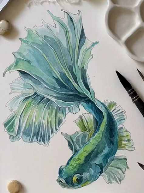 Cool Watercolour Ideas, Gcse Art Sketchbook Sea Life, Dragon Watercolor Painting, Water Coloring Art, Watercolor Ocean Animals, Sealife Drawing, Watercolor Sea Animals, Watercolor Art Easy, Watercolour Fish