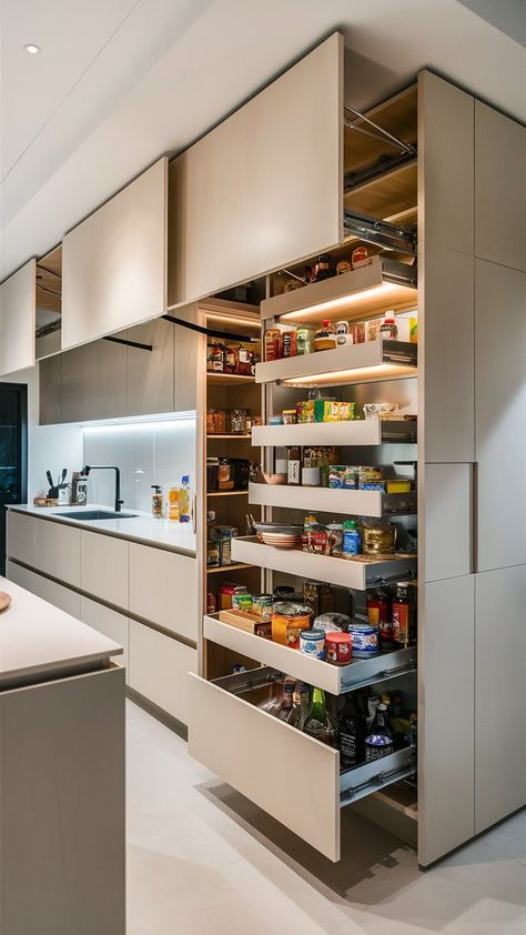 Employ retractable pantry shelving that slides out for easy access and slides back into a concealed position, maintaining a clean aesthetic. Aesthetic Pantry Ideas, Open Kitchen Decor, Apartment Aesthetic Kitchen, Slide Out Pantry, Easy Home Upgrades, Diy Kitchen Backsplash, Kitchen Cupboard Designs, Pantry Shelving, Kitchen Aesthetic