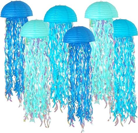 Hanging Jellyfish, Jellyfish Lantern, Wish Lanterns, Jellyfish Decorations, Ocean Baby Showers, Ocean Theme Birthday, Mermaid Birthday Decorations, Ocean Birthday Party, Paper Lantern Decor