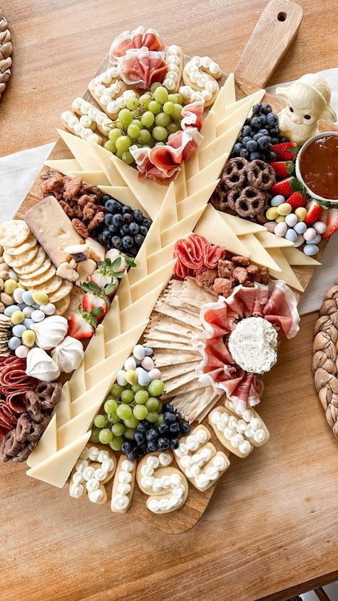 EASTER CHARCUTERIE BOARD // I recently saw a similar easter cross on a charcuterie board and just KNEW i had to recreate it for my first… | Instagram Jam Sugar Cookies, Cheese Platers, Easter Charcuterie Board, Easter Platter, Easter Charcuterie, Italian Salami, Charcuterie Appetizers, Cheese Trays, A Charcuterie Board