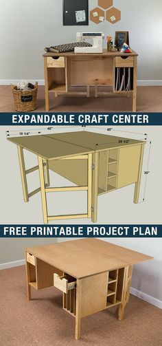 DIY Expandable Craft Center | Free printable project plans on buildsomething.com | Whether you’re working on craft projects, sewing, or pursuing another hobby, this craft table offers a large work surface that can be expanded when you need even more room. Plus this table has storage for all of your supplies. Build one for yourself, and you’ll be set to get your craft on! Easy Wood Projects, Easy Wood, Woodworking Plans Diy, Woodworking Projects That Sell, Diy Holz, Popular Woodworking, Wood Plans, Project Plans, Woodworking Plans Free