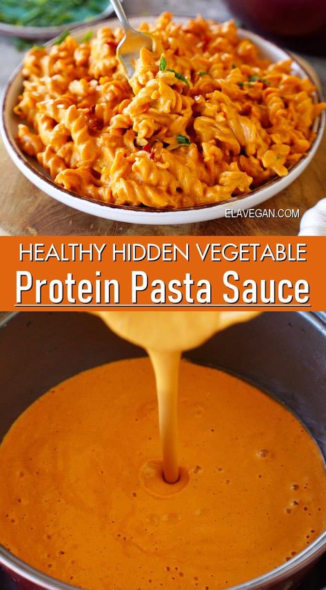 Make easy, high-protein pasta sauce 100% dairy-free (no cottage cheese in sight!). This creamy vegetable pasta sauce is delicious and nutritious, with 30 grams of protein per serving! #proteinpasta #vegetablepasta #veggiepasta #proteinpastasauce #elasrecipes | elavegan.com Low Calorie Pasta Sauce, Creamy Vegetable Pasta, High Protein Pasta Recipes, Vegetable Pasta Sauce, Protein Pasta Recipes, Healthy Vegan Pasta, Cottage Cheese Pasta, Tofu Pasta, Vegan Pasta Sauce