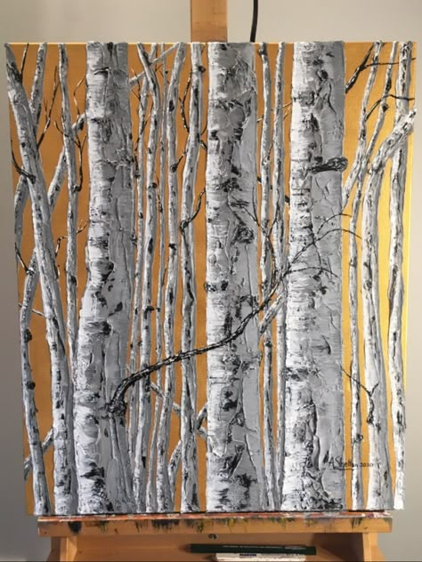 Painting On Golden Background, Birch Tree Oil Painting, Aspen Painting Acrylic, Birch Tree Painting Acrylic, Tree Trunk Painting, 자작나무 그림, Aspen Trees Painting, Birch Trees Painting, Birches Painting