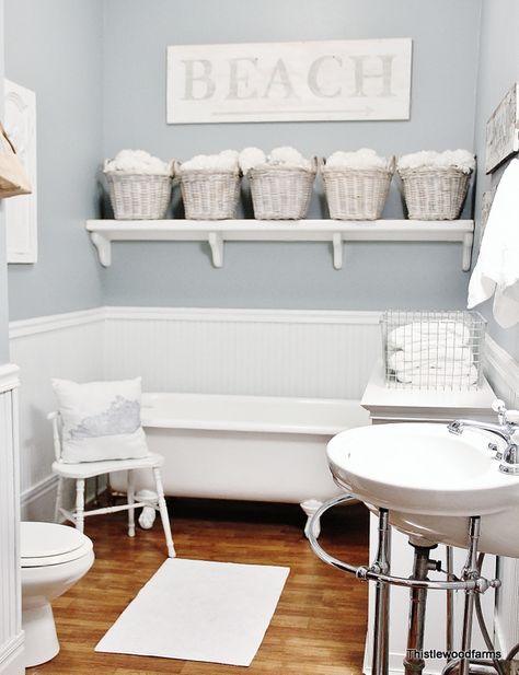 "Gris" by Sherwin Williams, Beach sign is done in S.W. Mindful Gray Bathroom Paint, Gray Bathroom, Beach Theme Bathroom, Perfect Paint Color, Blue Paint Colors, Classic Gray, Wooden Floors, Interior Paint Colors, Beach Bathrooms