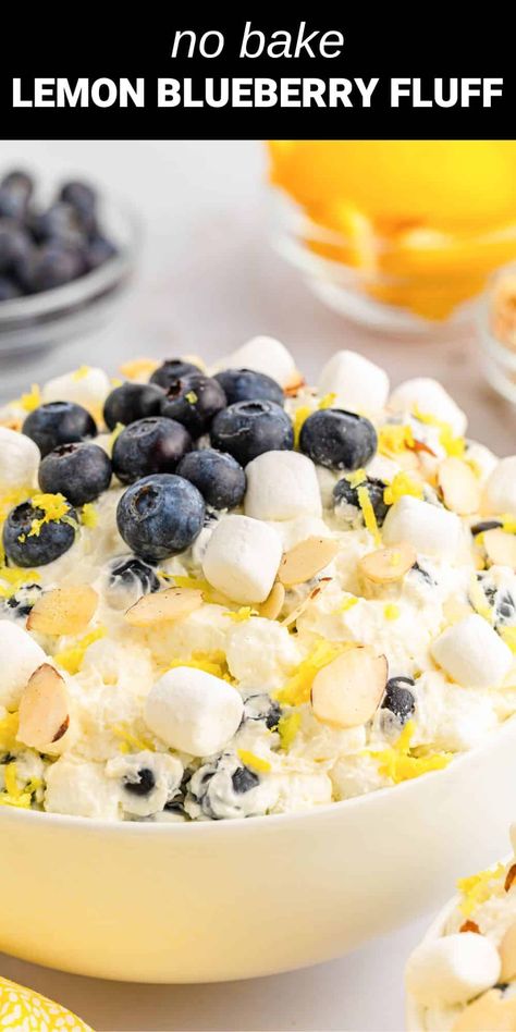 lemon blueberry fluff with mini marshmallows and blueberries on top Lemon Blueberry Fluff Salad, Blueberry Cold Desserts, Blueberry Fluff Dessert, Lemon Blueberry Fluff, Blueberry Lemon Desserts, Blueberry Salads, Blueberry Desserts Easy, Lemon Blueberry Desserts, Blueberry Fluff Salad