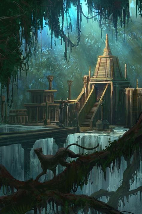 Jungle Temple, Heroic Fantasy, Fantasy City, Fantasy Setting, Fantasy Places, Fantasy Art Landscapes, Fantasy Concept Art, Arte Fantasy, 판타지 아트