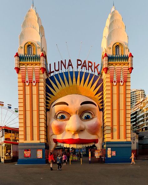 This is Sydney's Luna Park a rare surviving amusement park in the Art Deco style. Opened 1935.... Luna Park Sydney, Abandoned Amusement Park, Luna Park, Abandoned Amusement Parks, Children's Illustration, Parc D'attraction, Animal Crackers, Park Art, Coney Island