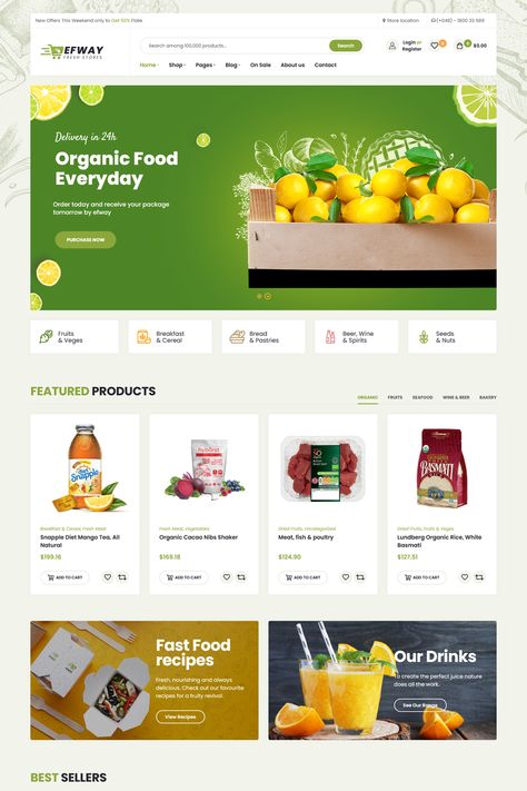 You can create a wide range of different fresh Ecommerce shops for food and beverage and food shops, food restaurant, food organic, cosmetics or bakery websites or related restaurant, food websites, food business in WordPress. Website Design Food Product, Food Website Design, Organic Food Products, Product Website, Food Grocery, Ecommerce Shop, Food Product, Food Business, Fruit Breakfast