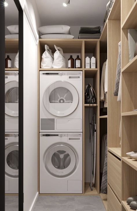 Small Washer And Dryer, Tiny Laundry, Contemporary Home Interior, Bathroom Big, Pantry Laundry Room, Tiny Laundry Rooms, Grey Kitchen Designs, Laundry Ideas, Laundry Room Layouts