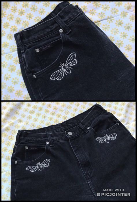 Embroider Pants, Embroidered Pants Diy, Black Jeans Embroidery Ideas, Black Jean Embroidery, Black Jeans Embroidery, Embroidered Black Bottoms For Streetwear, Baggy Jeans Embroidery, Embroidered Black Jeans, Goth Embroidery Clothes