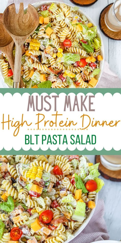 This BLT Pasta Salad is by far one of the most popular recipes on HGHF. It has been made so many times and shared for pot lucks, guests coming over, and a high protein dinner. It is a recipe you can rely on to take anywhere! It is packed with nutrients, delicious ranch sauce and perfect for simple easy dinner or meal prep for lunches. Enjoy this cleaner eating pasta salad for the summer. Easy Protein Pasta Salad, Meal Prep Healthy Pasta, High Protein Meals Summer, Pasta Salad For Camping, Low Calorie High Protein Pasta Salad, Pasta Salad Lunchbox Ideas, Pasta Salad Meal Prep Cold, Macro Pasta Salad, Protein Pasta Salad Meal Prep