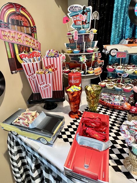 50s Candy Table Ideas, Grease 50th Birthday Party, Fifties Party Decorations, Rockabilly Decorations Party, Decades Themed Party, 1950s Birthday Party Theme, 50s Party Theme, 50s Themed Party Ideas, Grease Party Theme