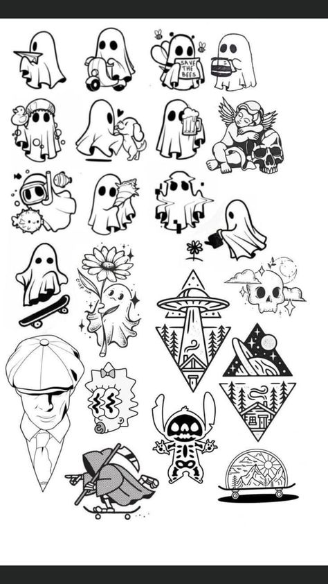 Baphomet Tattoo Ideas, Flash Art Tattoos, Tato Flash, Tato Minimal, Ghost Tattoo, Flash Tattoo Designs, Tattoo Flash Sheet, Spooky Tattoos, Cute Little Tattoos