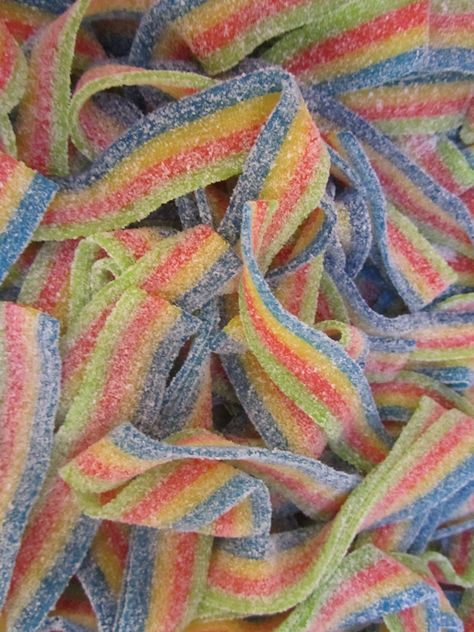 rainbow sour belts candy Sour Candy Aesthetic, Trolli Candy Aesthetic, Rainbow Belts Candy, Rainbow Candy Aesthetic, Sour Belts Candy, Sour Candy Recipe, Sour Gummy Candy, Sour Belts, Rainbow Belts