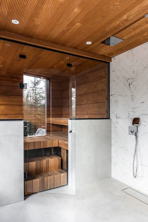 Inspiration for a modern log house - Honka Sauna Bathroom Design, Modern Log House, Modern Log Home, Modern Saunas, Sauna Shower, Home Spa Room, Sauna House, Indoor Sauna, Sauna Design