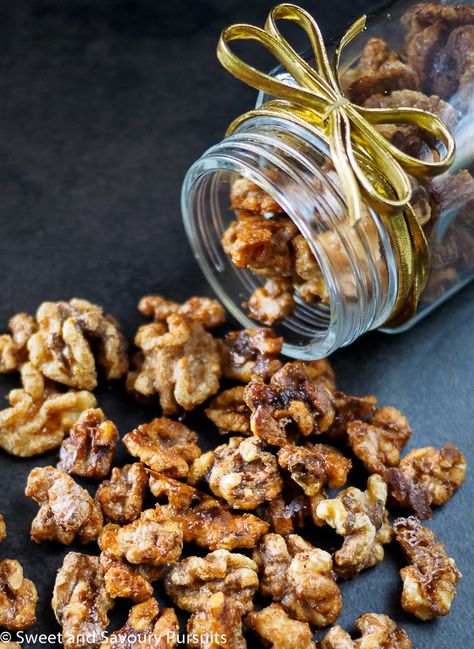 These walnuts get tossed in a sweet and spicy glaze and are then perfectly roasted until golden brown. So easy and quick to make, these Maple Spiced Walnuts make a delicious treat and are sure to be a favourite! #glazedwalnuts #spicedwalnuts #snack #SweetandSavouryPursuits Walnuts Christmas, Spiced Walnuts, Glazed Walnuts, Walnut Recipes, Nut Recipes, Roasted Nuts, Paleo Vegan, Cayenne Pepper, Sweet And Spicy