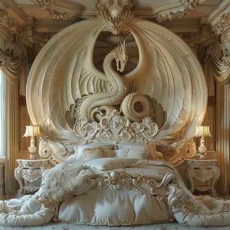 Dragon Room Aesthetic, Dragon Fireplace, Dragon Bedroom Ideas, Dragon Bed, Dragon Furniture Decor, Unusual Beds, Dragon Bed Frame, Fantasy Thene Duvet Cover, Expensive And Stuning Beds