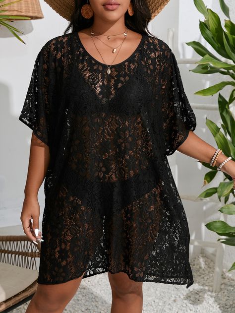 Black  Collar Half Sleeve Fabric Plain  Embellished Medium Stretch  Women Plus Clothing Edgy Outfits, Manche, Black Lace Cover Up, Swimsuit Coverup Ideas, Coverup Ideas, Swimwear Cover Ups, Cover Ups, Cover Up Dress, Dolman Sleeve